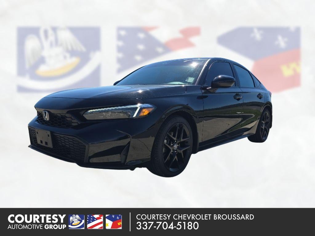 2025 Honda Civic Hatchback Hybrid Sport in Black — front three-quarter view